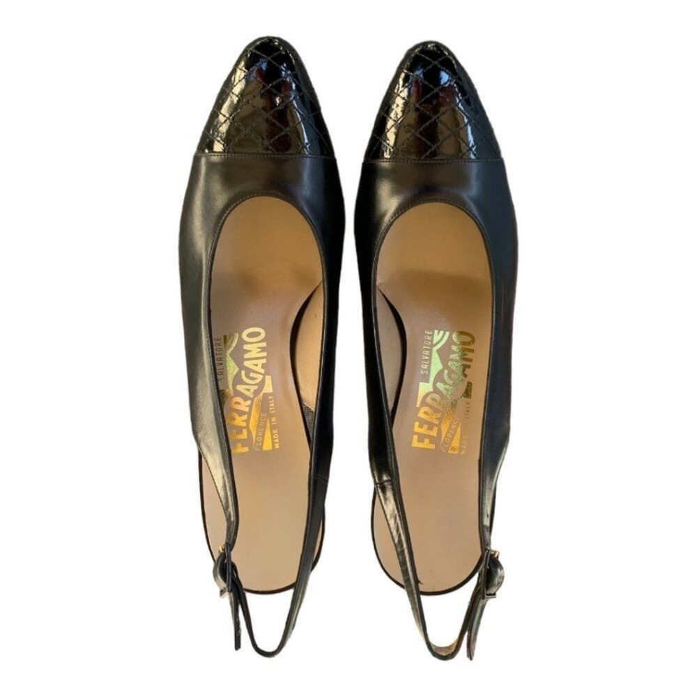 *rare* Salvatore Ferragamo Vintage Black Leather Slingback Quilted Cap Toe Heel